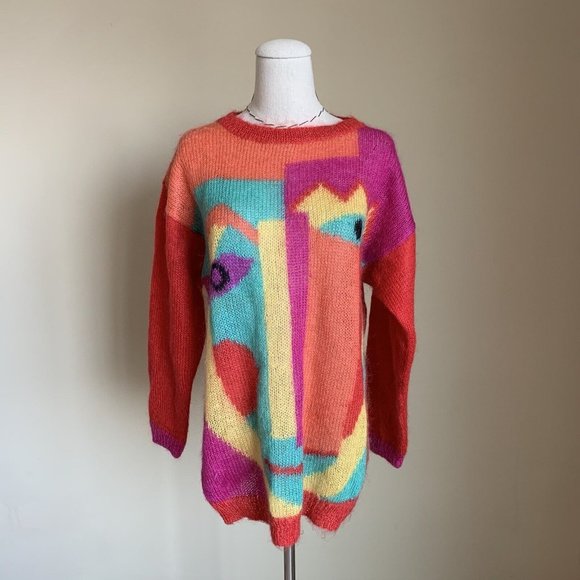 Vintage 80s Renee Tener For Jeanne Pierre Mohair Picasso Art Graphic Sweater M - Picture 2 of 12